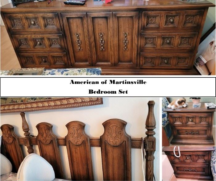 1970s American of Martinsville Bedroom suite with dresser, mirrors, side tables (2), and headboard