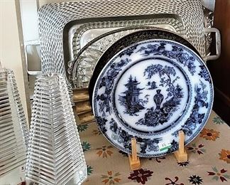 Crystal candlesticks, unique plates, crystal, silver plate and metal platters