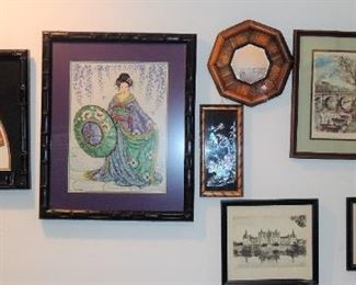Oriental petite point needlepoint, retro prints and framed mirrors