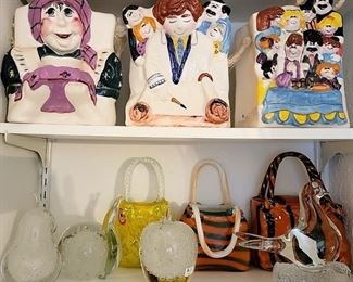 Ceramic and glass decor: glass "purses" and paperweights. Ceramic "bags"