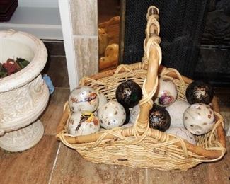 Oversized ceramic urns, decorative balls