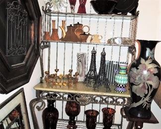 Large baker's rack / display: Tortoise shell oversized vases, ceramic bowls and plates. Acrylic decor items
