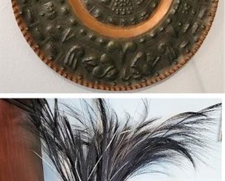 Brass wall medallion (large!), brass candlesticks and ceramic urns