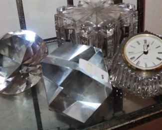 Glass and crystal paperweights and clocks