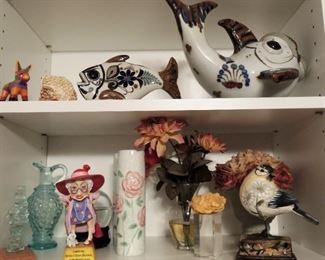 Unique and fun decor items: Mexican pottery fish, floral, birds
