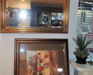 Large gold frame mirror and contemporary art