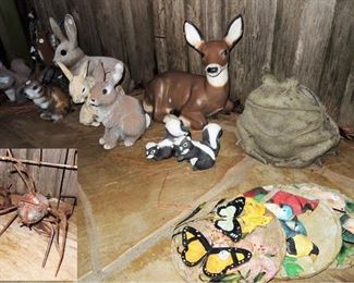 Beautiful patios and gardens: ceramic and metal figurines and decor. Bunnies, deer, skunks, butterflies, birds, frogs and an ant playing golf