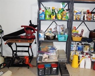 Garage items: Storage cabinets and shelves, lawn and garden products, portable bench