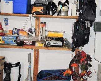 Garage items: Golf caddy, floor cleaners, stadium chairs
