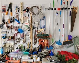Garage: Household and Lawn/Garden Tools. Hand tools, saws, extension cords, pruners, clips