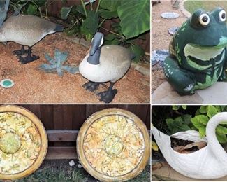 Lawn and garden statues and decor: cement and resin: Medallions, Canadian geese, swans, frogs, peacocks
