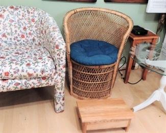 CHAIRS: Upholstered and wicker.  Glass/wood side table and wood pedestals