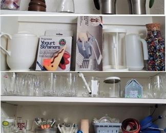 Kitchen Supplies: glass tumblers, storage containers, mixers, hot tea cups/makers
