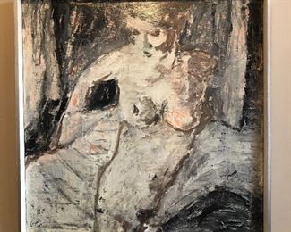 $900.00. Tony Mose, aka “Esom”, New Orleans artist, original oil on board, Nude Study, 24 3/4” high by 24 3/4” wide, custom framed with silver and bleached wood artist’s strap