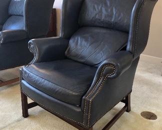 $700.00 for the PAIR.  Fabulous vintage grey blue solid leather wing back chairs in excellent condition. 40” high by 34” wide by 38” deep; seat height 19”.
