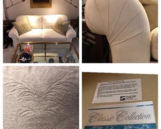 $350.00. Sofa #2 Cream matelasse sofa by Classic Collection, measures 84” wide by 38” deep by 31” high.; actual seating area is 60” wide by 22” deep; arm height is 25”; seat height is 18”; some small spotting, otherwise, in very good condition. MATCHING SOFA AVAILABLE 