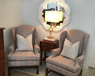 $ 395.00. Pair of Chippendale style upholstered wingback chairs by Claremont Furniture. 