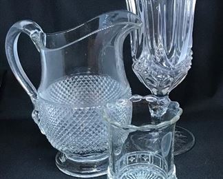 $ 95.00. Lot of three (3) 19th century Early American Pressed Glass pieces: a diamond point water pitcher with applied handle, a tall celery vase, and a spooner 