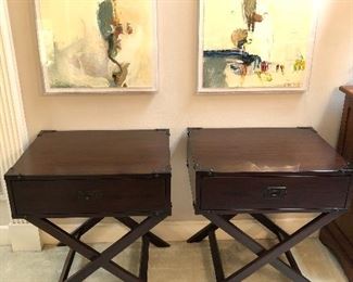 $295.00 for the PAIR.  Contemporary campaign chests. With single drawer, finger pull hardware,  and capped ends. 28” high by 26” wide by 20” deep. Minor scuffs 