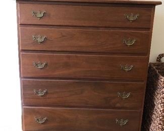 $600.00. Chest number 1.  CLORE solid walnut five drawer chest with brass pulls in excellent condition; graduated and dovetailed drawers; 46” high by 40” wide by 20” wide. 