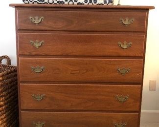 $600.00. Chest number 2. CLORE solid walnut five drawer chest with brass pulls in excellent condition; graduated and dovetailed drawers; 46” high by 40” wide by 20” deep