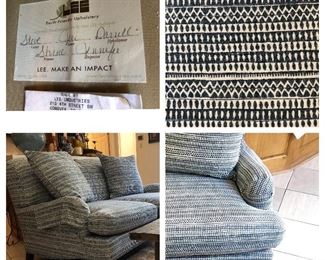 $400.00. Lee Industries custom made loveseat; solid back, two loose throw pillows, turned front feet on casters, T cushions; excellent condition;  60” wide by 42” deep by 34” high. 