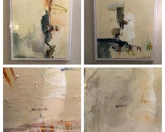 $750.00 for the PAIR. ORIGINAL oil on paper abstracts by artist Sarah Stockstill, Arizona, born 1972.  Represented by Art Post Gallery.  Custom framed in plexiglass boxes.  26” high by 22” wide by 1 1/2” deep 