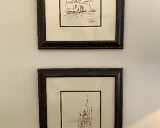 $250.00 for BOTH.  Original pen and ink drawings of Italy by Baton Rouge artist Carol Arabie, custom framed;  the largest measures 18” high by 16” wide 