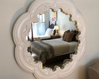 $ 195.00. Fabulous decorator mirror by “Bramble” made of carved, scalloped painted wood.  37” in diameter 