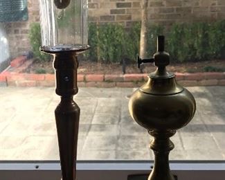 $ 395.00. Two 18th century whale oil lamps; one Double burner free blown glass peg; both on heavy turned brass base