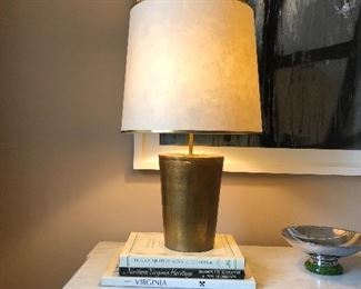 $300.00. Burts/Cason (Louisiana artisans) lamp, with original hand painted gilded finish and hand made paper shade.  Signed on the back. 
24” high by 12” in diameter 