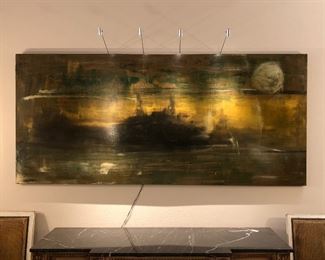 $3,000.00. Original Tony Mose, aka “Esom”, New Orleans artist, Landscape in Moonlight, Oil on board; one small condition issue at upper right corner. Art light not included, but available for purchase. 