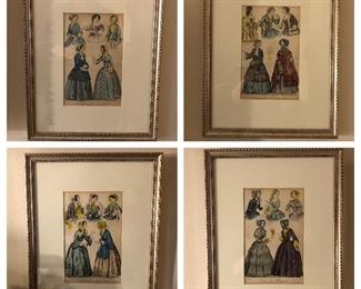 $300.00 set of four antique hand colored lithographs of American fashion, dated 1850; custom framed 