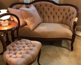 $250.00. Diminutive size antique settee and chair perfect for child’s room. Settee 58” wide, seat height 15”, needs recovering. 