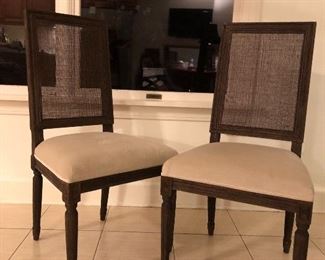 $150.00. Pair of side chairs, velvet seats and caned backs, dark stained wooden legs 