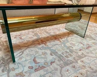 Beveled glass and brass coffee table; extra long