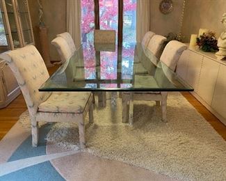 large beveled glass with glass base dining table; 8 chairs