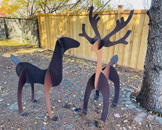 Very cool custom cut steel welded deer sculptures.  The buck is 61” tall and the doe is 47” tall