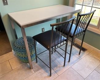 Room & Board Parsons table with white quartz top.  48”W x 24”D x 35”H with 1 1/2” legs.  Shown with a pair of bar height stools