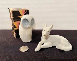 Very cool vintage porcelain owl by Royal DUX and a porcelain white German shepherd 
