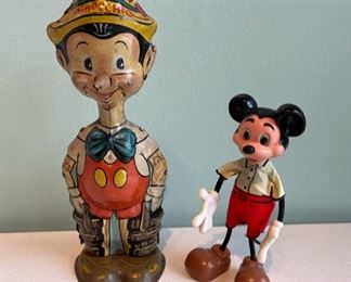 1939 Marx tin litho Pinocchio wind-up toy in working condition and C. 1960’s Marx Mickey Mouse toy