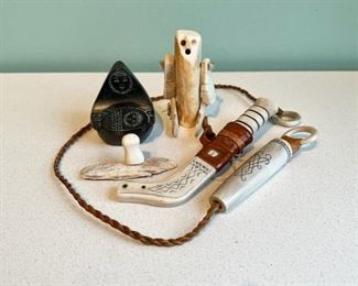 Inuit carvings and artifacts, including a primitive folk art caribou antler doll