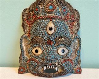 Very old Tibetan Buddhist Mahakala mask made of filigree, gemstones, coral & turquoise 