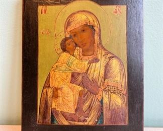 Antique Russian Icon of Vladimirskaya Mother of God.  9” Tall x 7” Wide