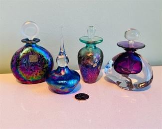 Beautiful art glass perfume bottles by Isle of Wight Glass, Robert Held and more