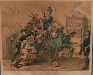 3	Charles Gilbert Colored Prussian War Lithograph	Charles Gilbert (American, 1873-1929). Lithograph "Rentrée triomphale à Berlin". Printed by Rose-Joseph Lemercier (French, 1803 - 1887). From the collection of the Salmagundi Club. "Caricature showing an overloaded wagon pulled by soldier and pushed by Moltke and Bismarck; Emperor William on top, smoking pipe." Sight: 17" H x 21 1/4" W. Frame: 22" H x 28" W. Artist credit in the bottom right under the print. Toning to the paper. Not examined out of frame. Source, Brown Digital Repository: https://repository.library.brown.edu/studio/item/bdr:244423/
