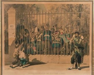 4	Charles Gilbert Colored Prussian War Lithograph	Charles Gilbert (American, 1873-1929) lithograph. "Entrée triomphale des Prussiens à Paris". Printed by Rose-Joseph Lemercier (French, 1803 - 1887). "Prussian soldiers including Bismarck in various uniforms behind bars of a zoo, French sentry in right foreground, 2 children at left laughing at Prussians, sign reads: 'AVIS. Le public est prié de ne rien jeter aux animaux exposés' ("NOTICE. The public is asked not to throw anything to the animals on display")." Sight: 17" H x 21 1/4" W. Frame: 22" H x 28" W. Artist credit in the bottom right under the print. From the collection of the Salmagundi Club. Source, Brown Digital Repository: https://repository.library.brown.edu/studio/item/bdr:244357/
