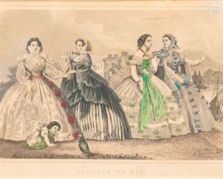 7	1860 Fashions for May Hand Colored Engraving	A 19th century hand colored engraving depicting fashion for women, possibly French around the time of the second republic. Entitled: "Fashions for May." Residue in the top right corner. Sight: 5 3/4" H x 8" W. Frame: 9 1/4" H x 11 5/8" W. From the collection of the Salmagundi Club.
