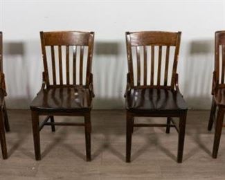 17	Set of 4 Arts and Crafts Style Jasper Chairs	Set of 5 Arts and Crafts Style Jasper chairs. American, Early 20th Century. Oak, curving joints and straight back splats. Heavily worn with scratches and scuffs. 35" H x 18" L x 18" D. From the collection of the Salmagundi Club.
