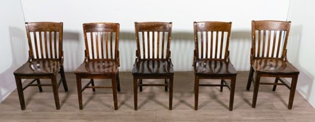 18	Set of 5 Arts and Craft Style Jasper Chairs	Set of 5 Arts and Crafts Style Jasper chairs. American, Early 20th Century. Oak, curving joints and straight back splats. Heavily worn with scratches and scuffs. From the Salmagundi Club, the oldest artist's club in America. One chair has original "JASPER SEATING COMPANY" label under seat. 35" H x 18" L x 18" D

